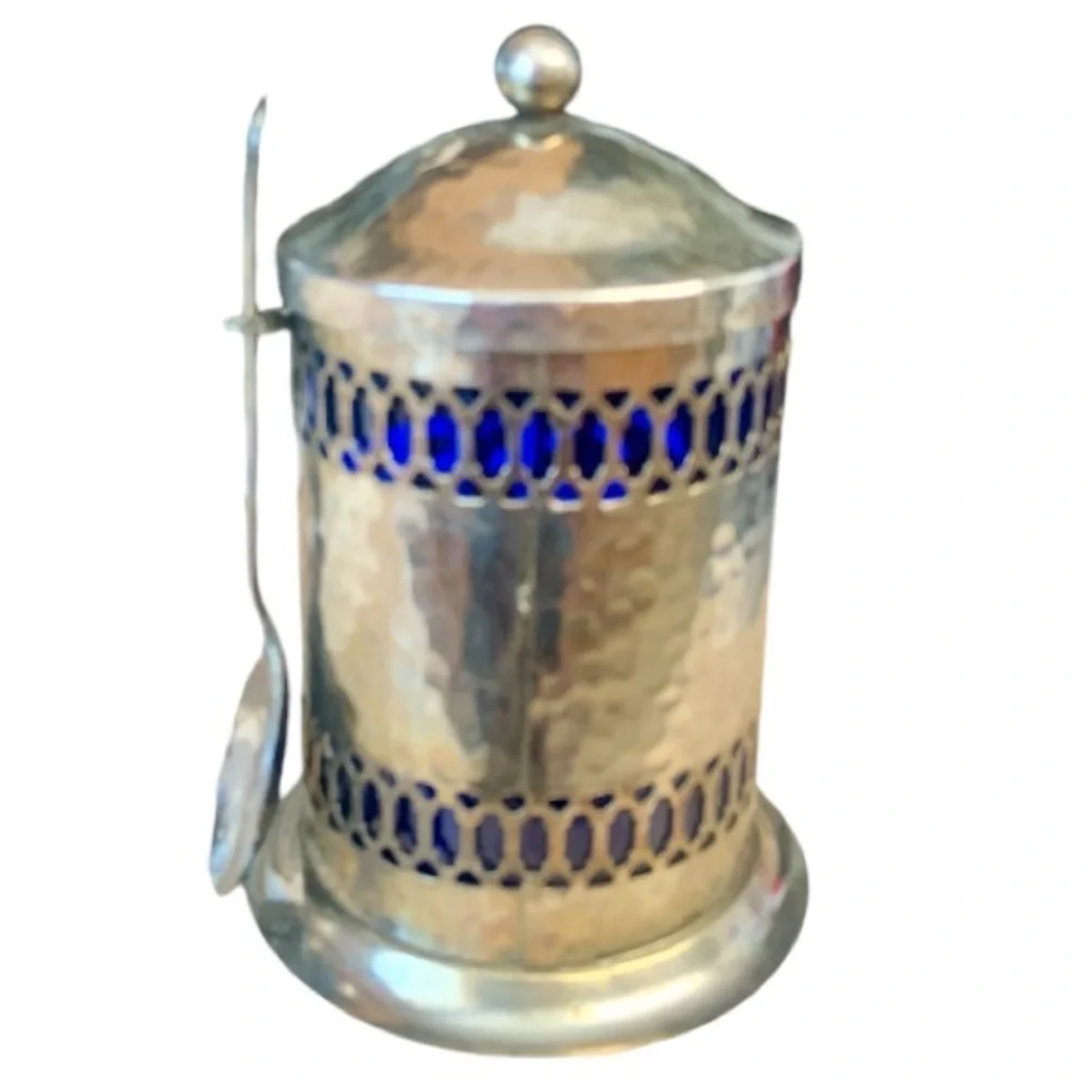 🌺VINTAGE SHEFFIELD ENGLAND SILVER PLATED COBALT LIDDED COFFEE CANISTER W/SPOON - Picture 3 of 16